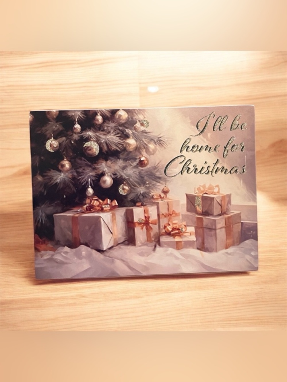 NEW Wooden Box Sign Distressed "I'll Be Home For Christmas" Present Tree Ribbon